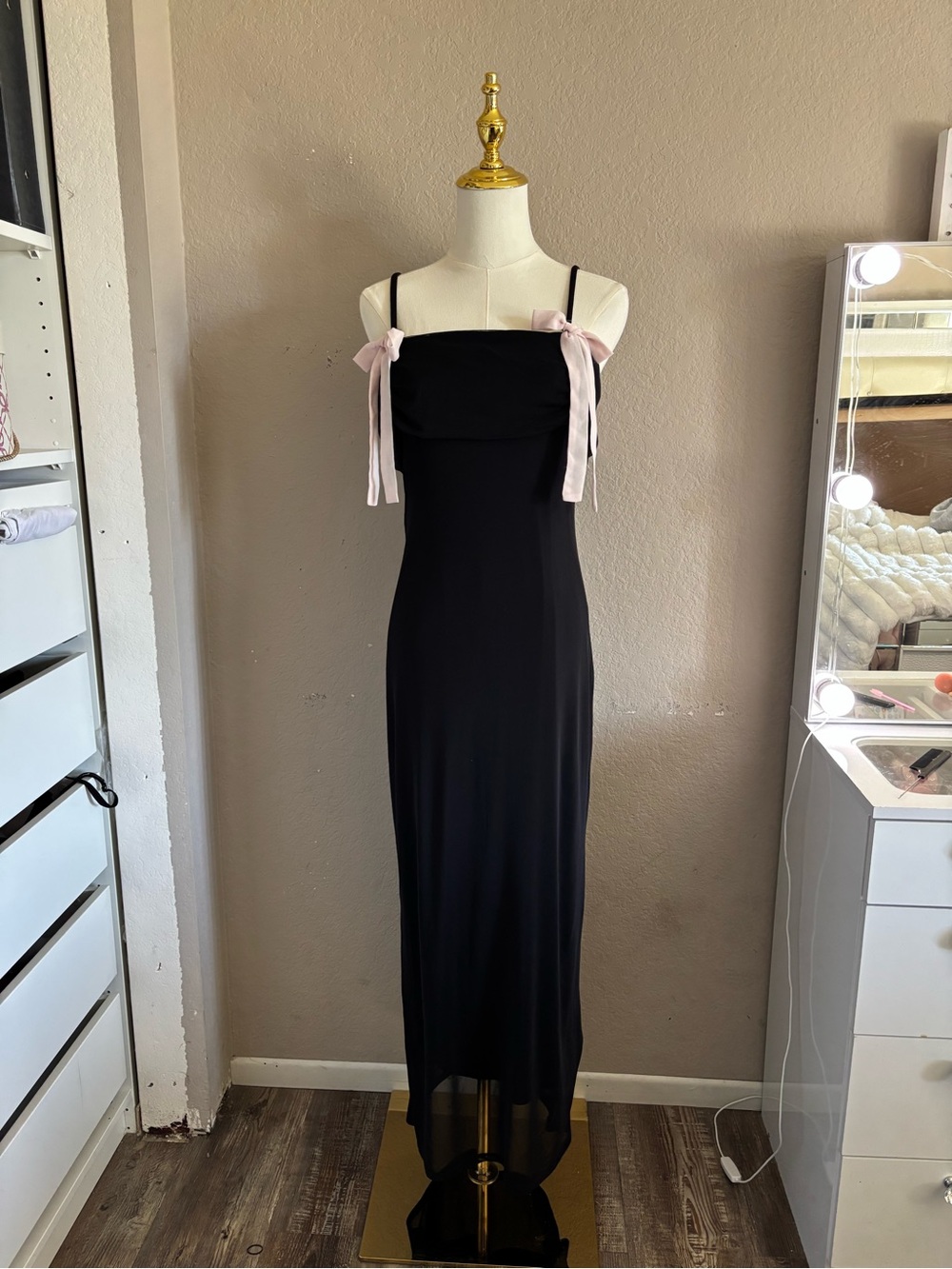 wild fable Black Slip Dress with Pale Pink Tie